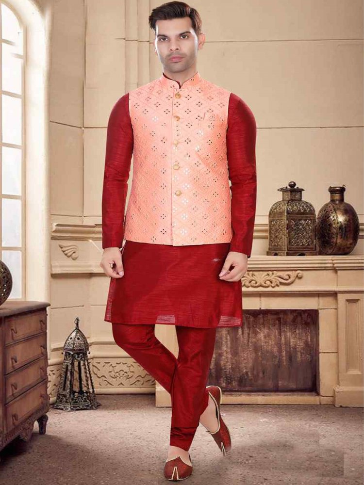 Maroon Art Silk Woven Festival Party Kurta