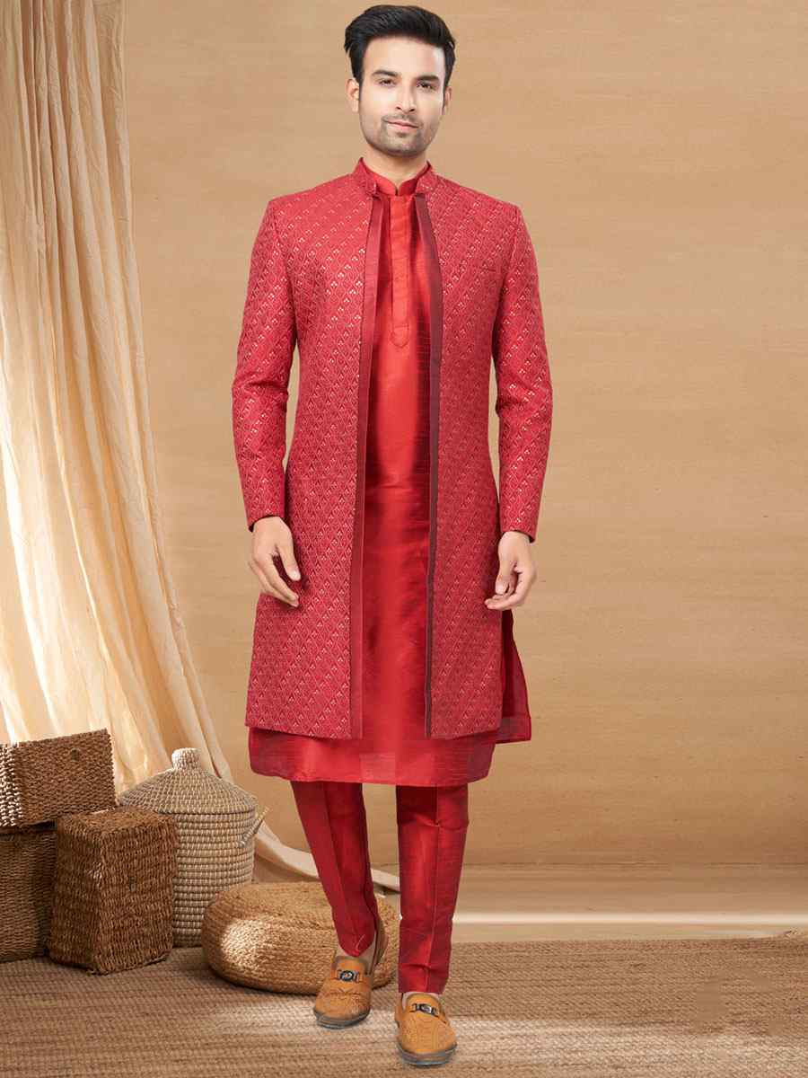 Maroon Art Silk Woven Festival Wedding Sherwani