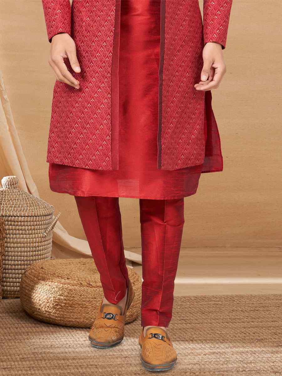Maroon Art Silk Woven Festival Wedding Sherwani