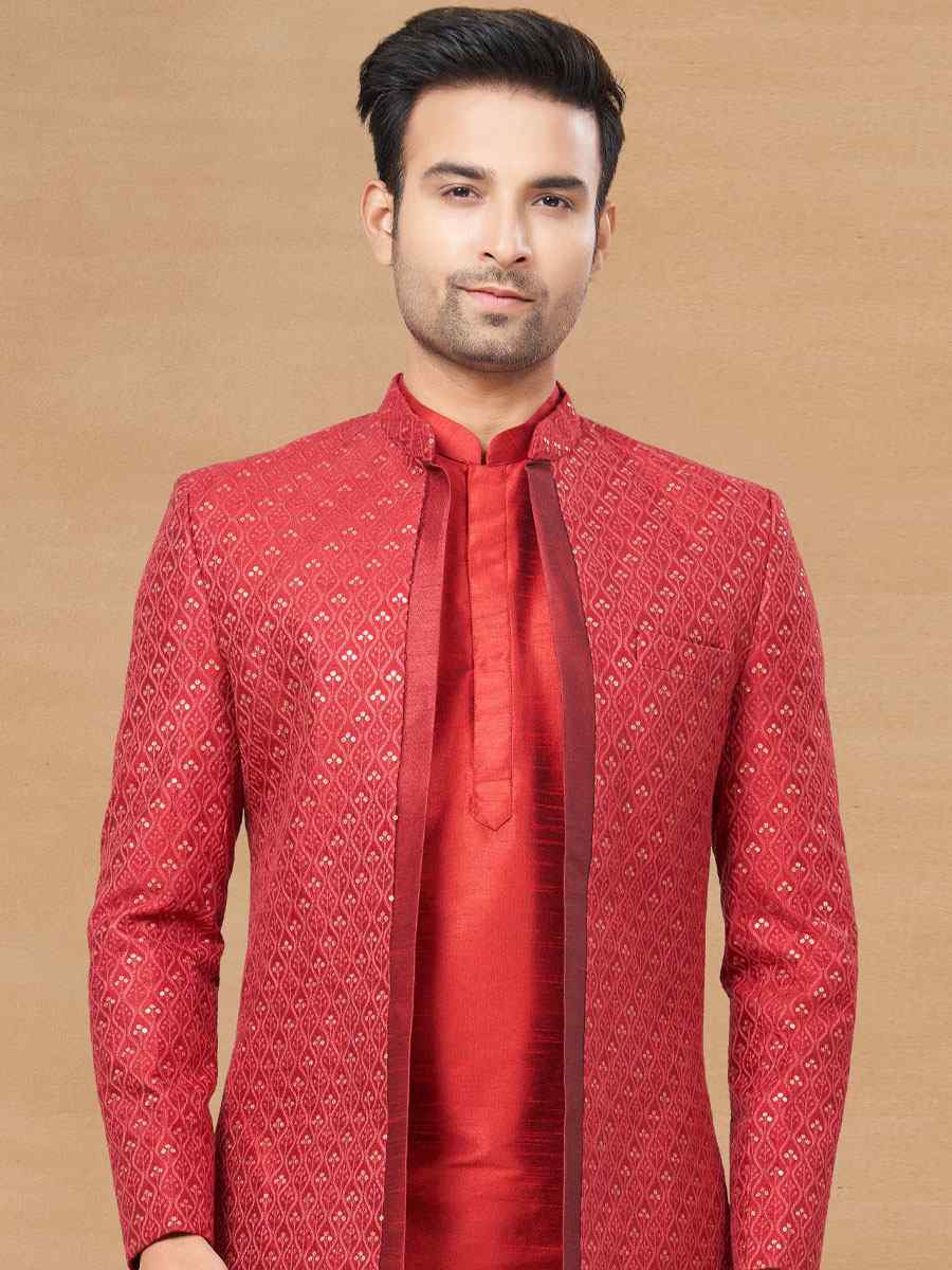 Maroon Art Silk Woven Festival Wedding Sherwani