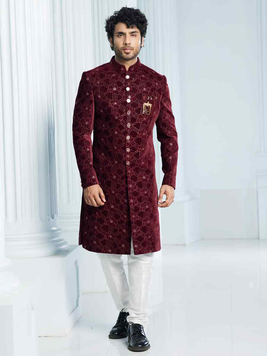 Maroon Art Silk Woven Wedding Groom Sherwani