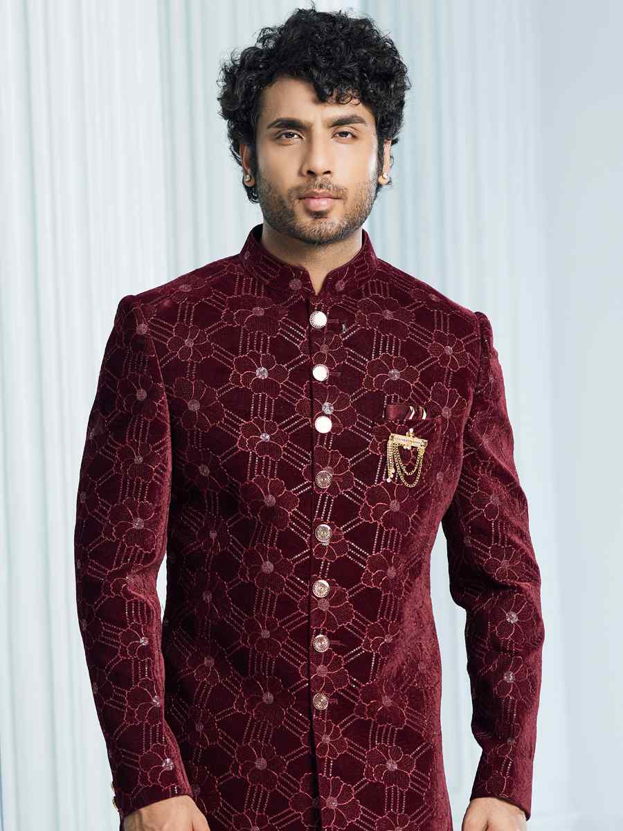 Maroon Art Silk Woven Wedding Groom Sherwani