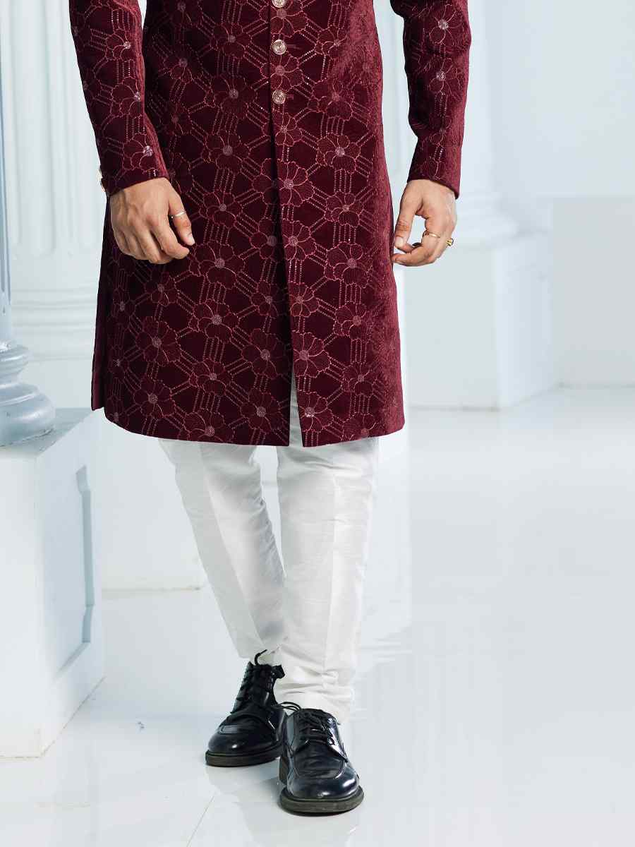 Maroon Art Silk Woven Wedding Groom Sherwani
