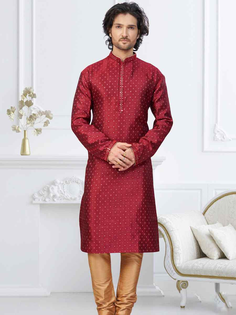 Maroon Banarasi Jackard Embroidery Festival Wedding Party Mens Kurta