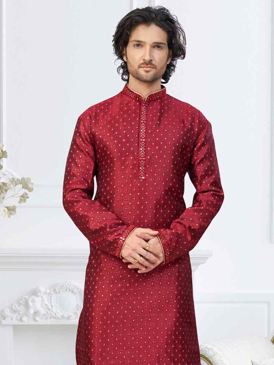 Maroon Banarasi Jackard Embroidery Festival Wedding Party Mens Kurta
