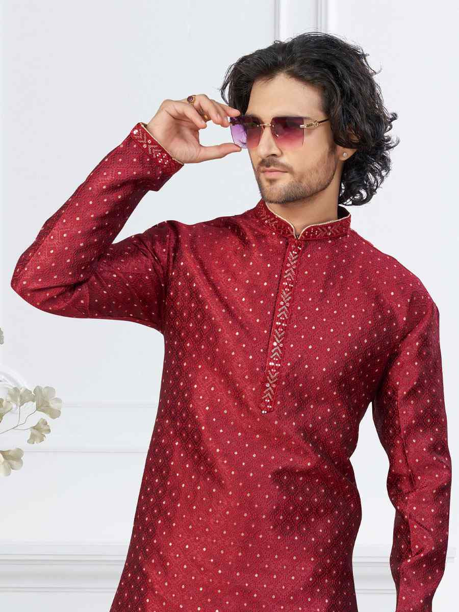 Maroon Banarasi Jackard Embroidery Festival Wedding Party Mens Kurta