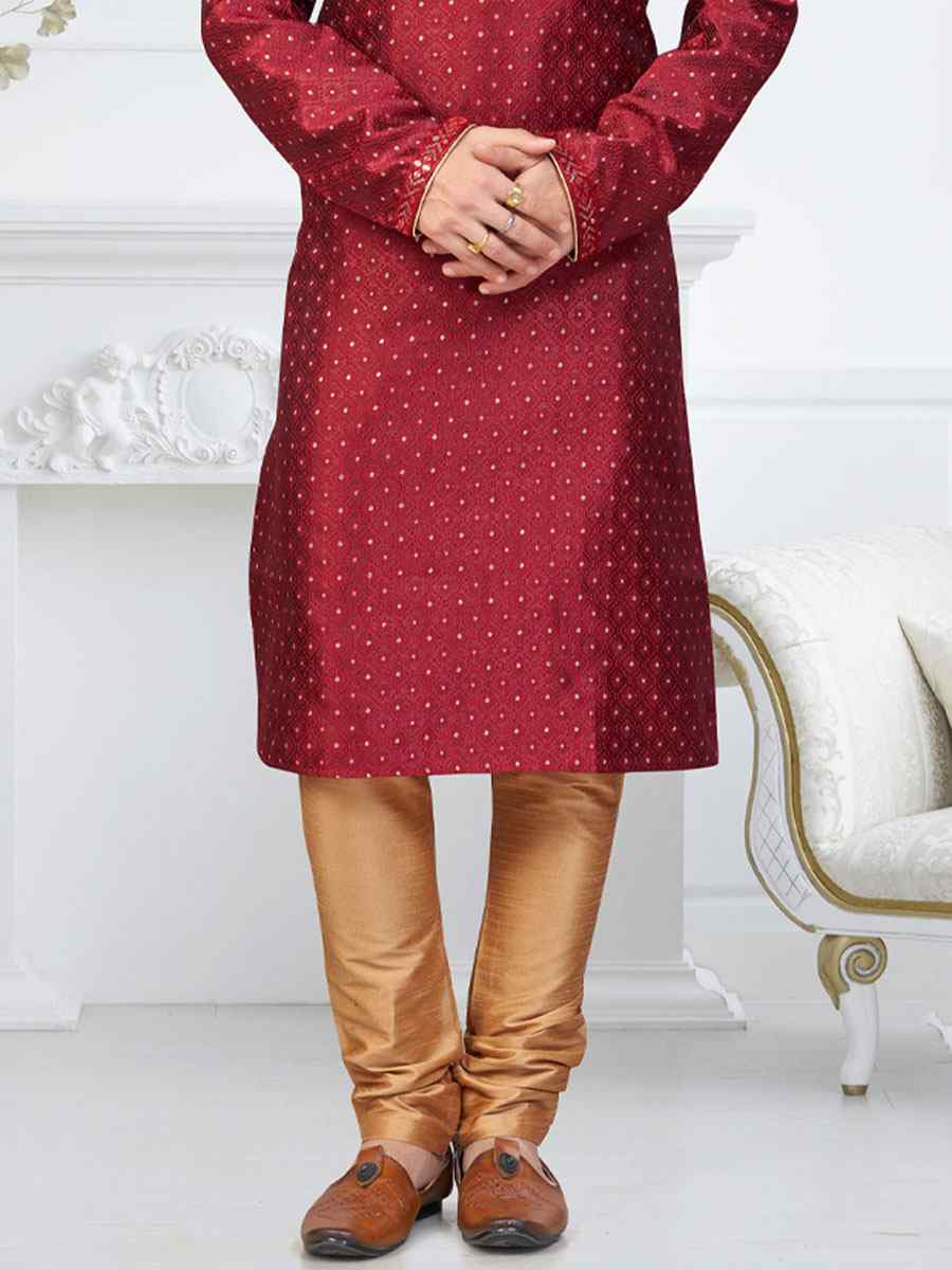 Maroon Banarasi Jackard Embroidery Festival Wedding Party Mens Kurta