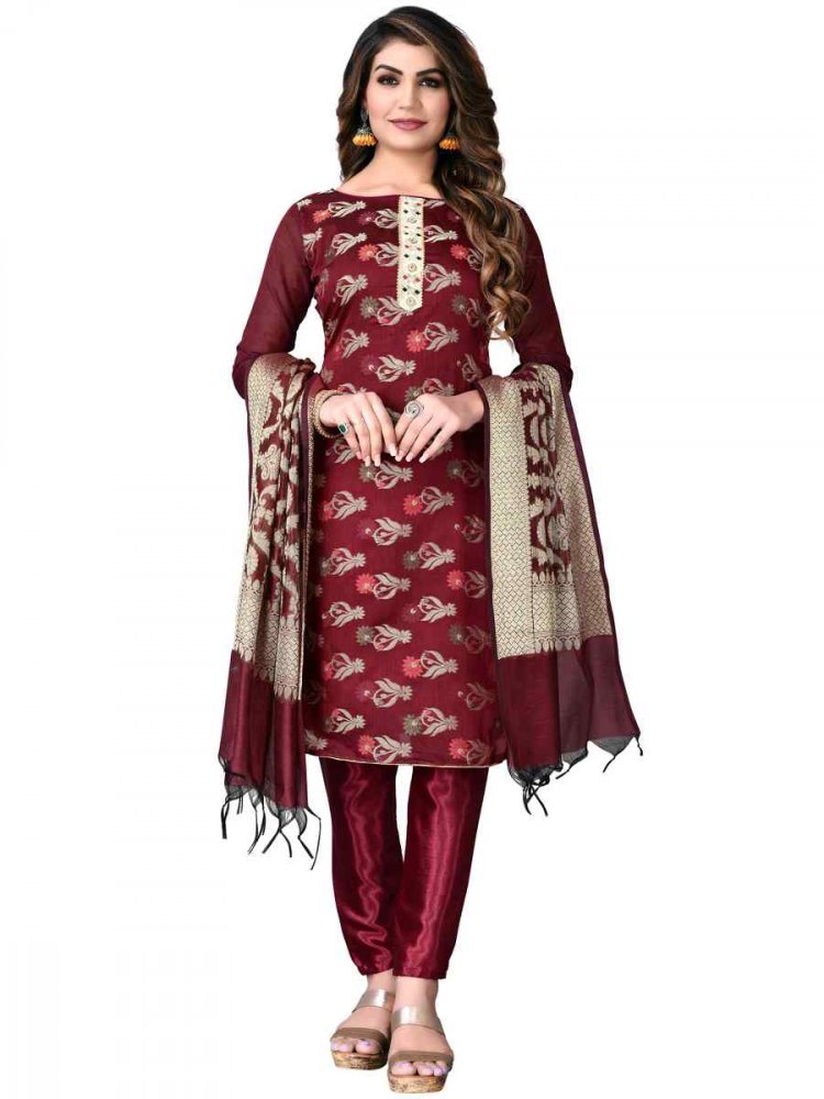 Maroon Banarasi Jacquard Embroidered Festival Wedding Pant Salwar Kameez