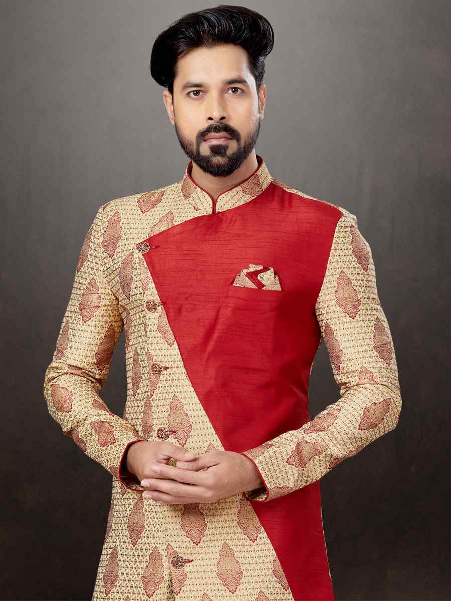 Maroon Banarasi Jacquard Embroidered Festival Wedding Sherwani