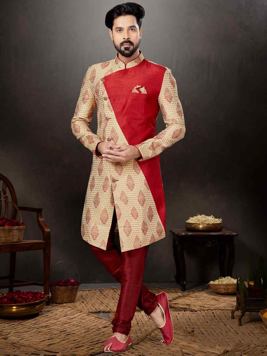 Maroon Banarasi Jacquard Embroidered Festival Wedding Sherwani