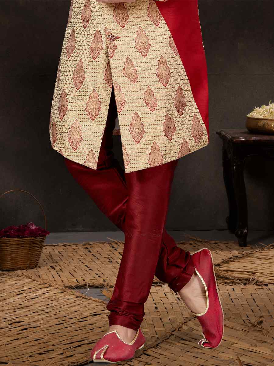 Maroon Banarasi Jacquard Embroidered Festival Wedding Sherwani