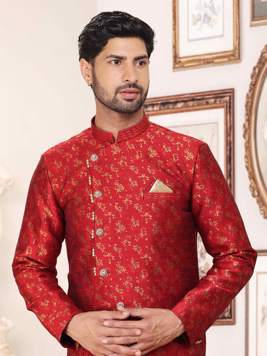 Maroon Banarasi Jacquard Woven Wedding Party Sherwani