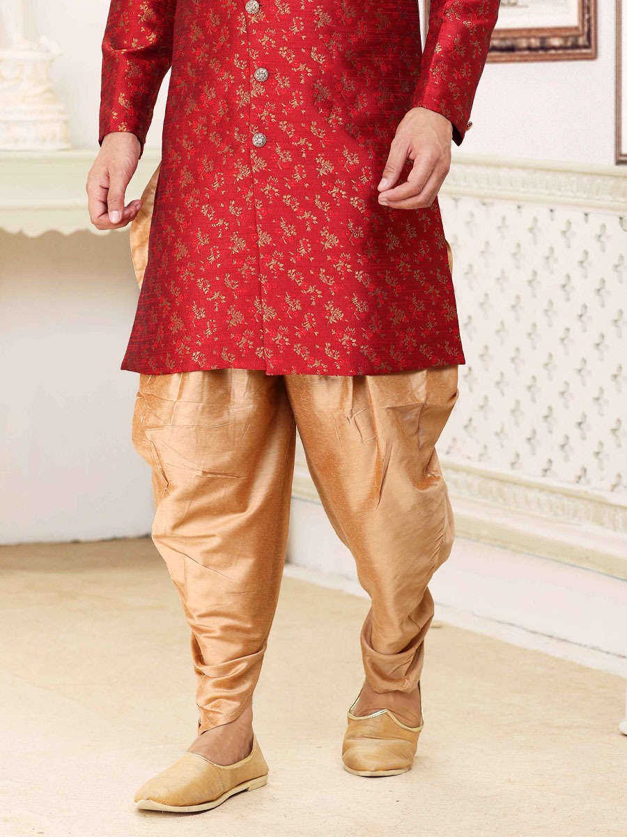 Maroon Banarasi Jacquard Woven Wedding Party Sherwani