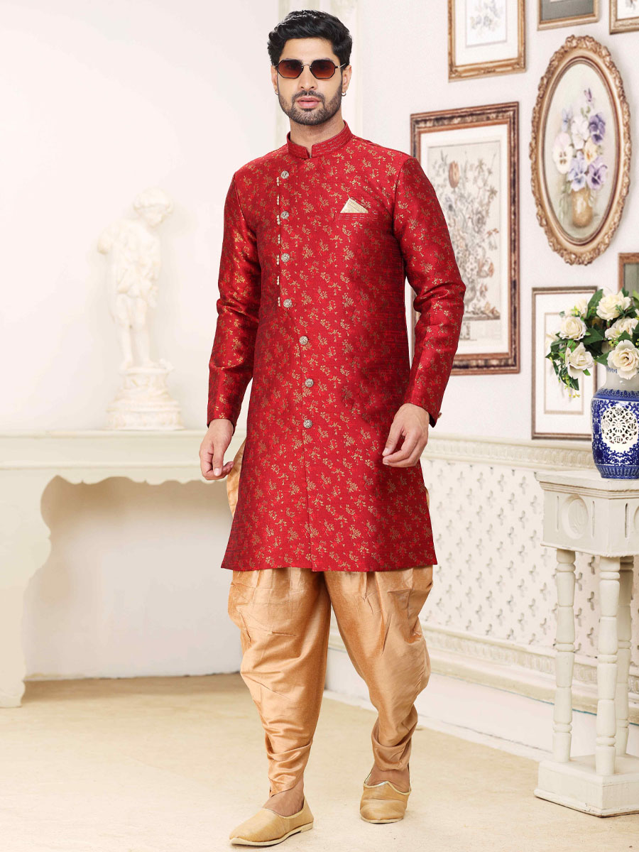 Maroon Banarasi Jacquard Woven Wedding Party Sherwani