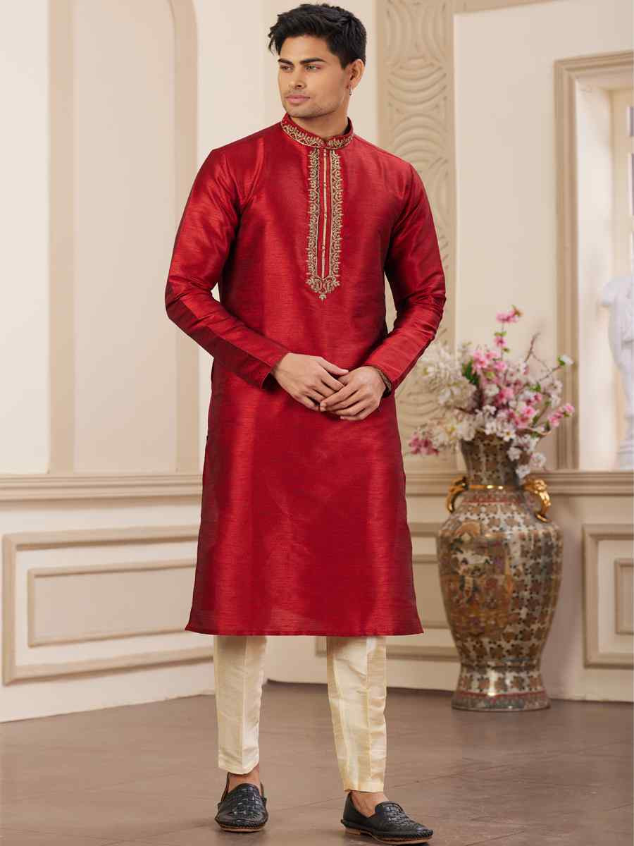 Maroon Banarasi Silk Embroidered Festival Party Kurta