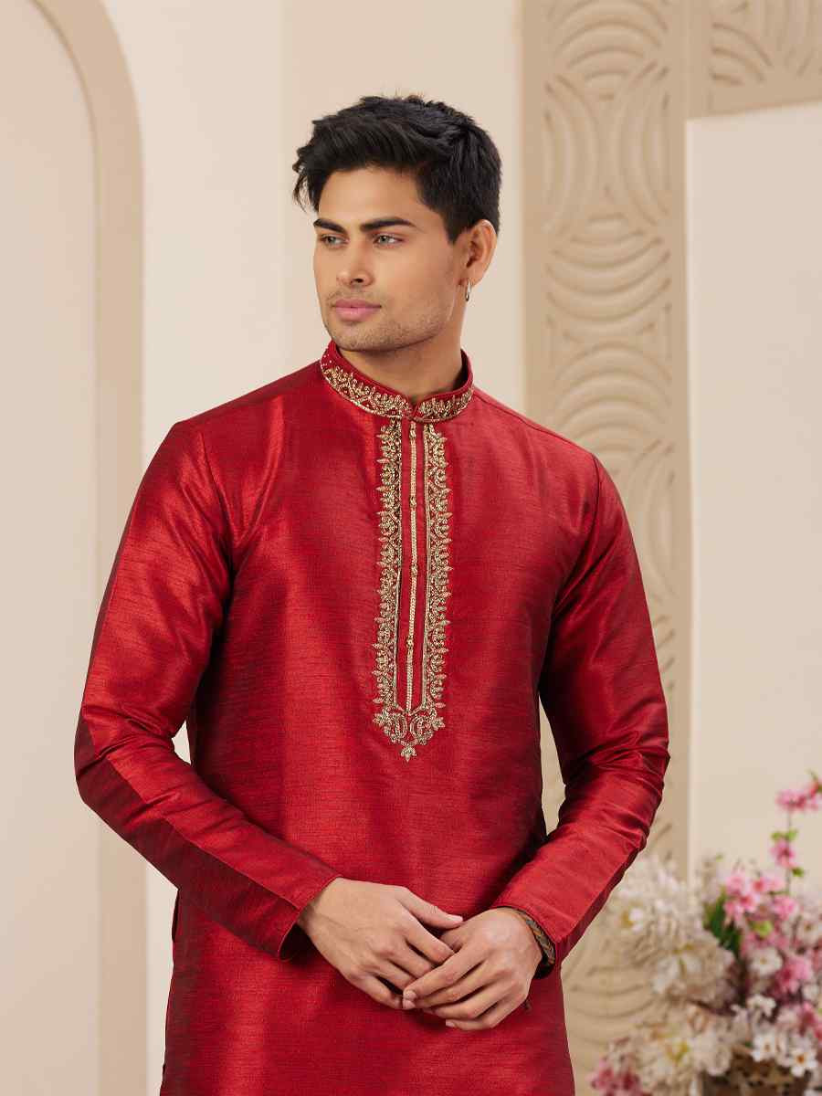 Maroon Banarasi Silk Embroidered Festival Party Kurta