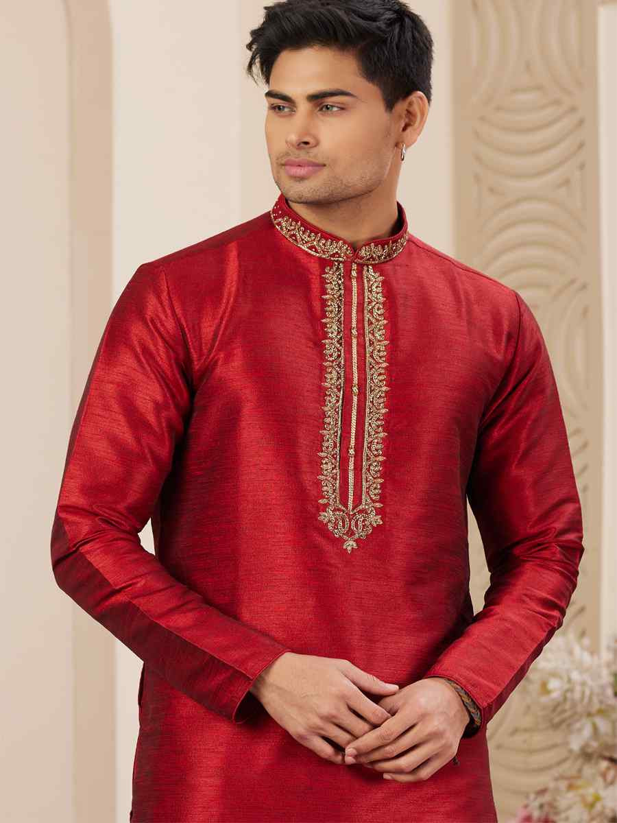 Maroon Banarasi Silk Embroidered Festival Party Kurta