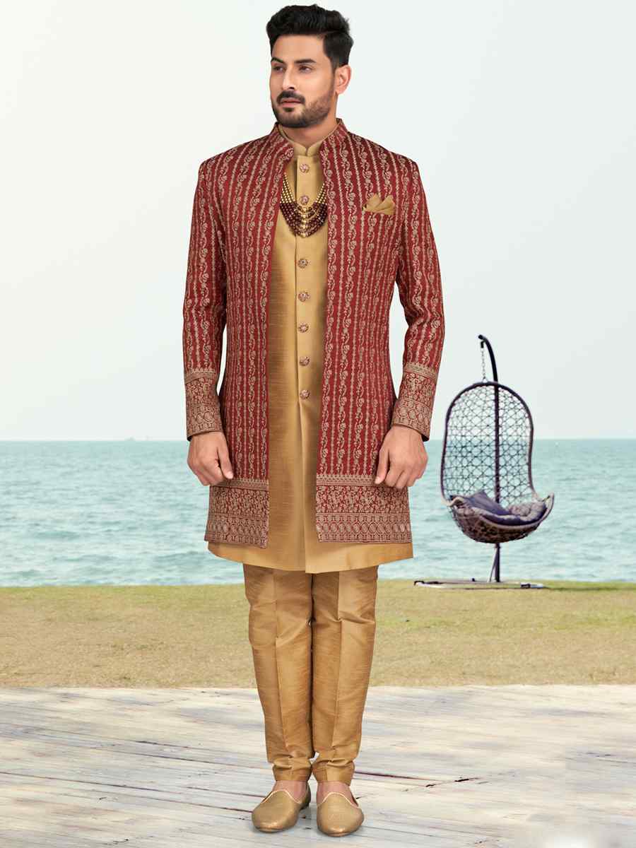 Maroon Banarasi Silk Embroidered Wedding Festival Sherwani