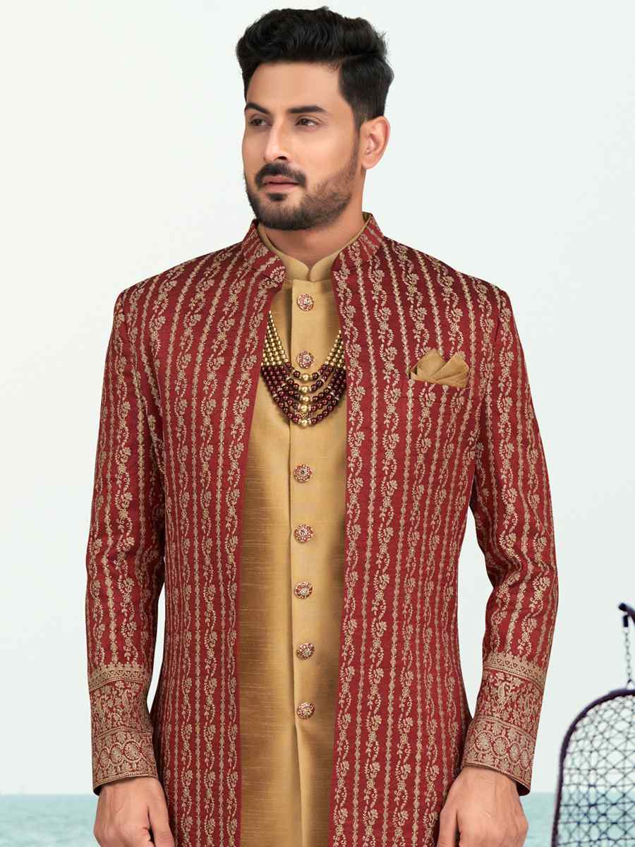 Maroon Banarasi Silk Embroidered Wedding Festival Sherwani