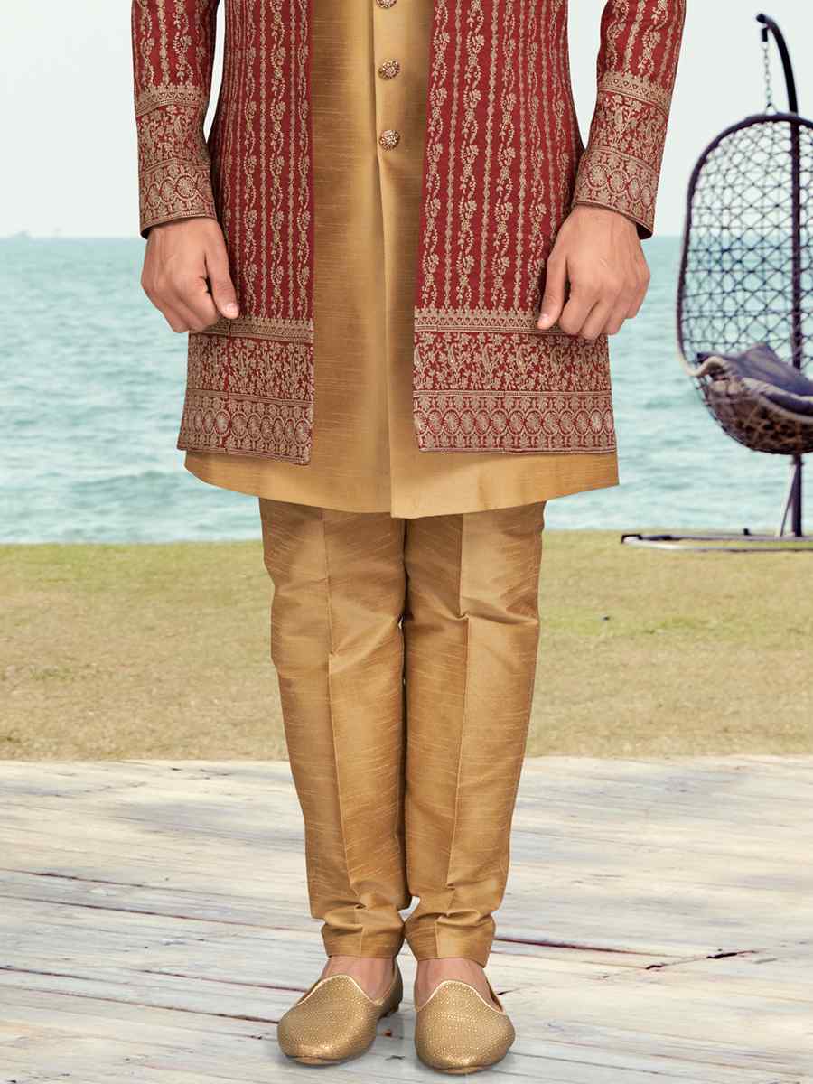 Maroon Banarasi Silk Embroidered Wedding Festival Sherwani