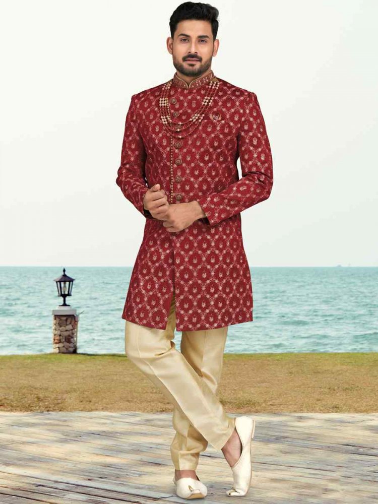 Maroon Banarasi Silk Embroidered Wedding Festival Sherwani