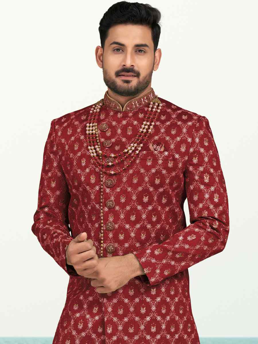 Maroon Banarasi Silk Embroidered Wedding Festival Sherwani