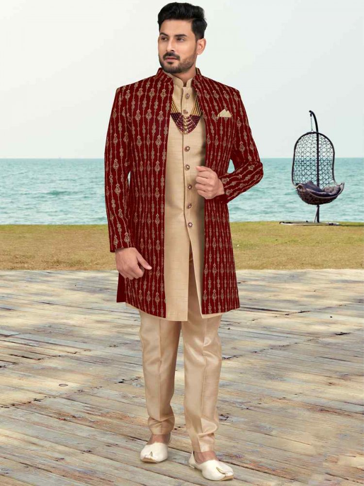 Maroon Banarasi Silk Embroidered Wedding Festival Sherwani