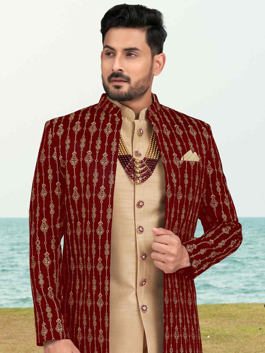 Maroon Banarasi Silk Embroidered Wedding Festival Sherwani