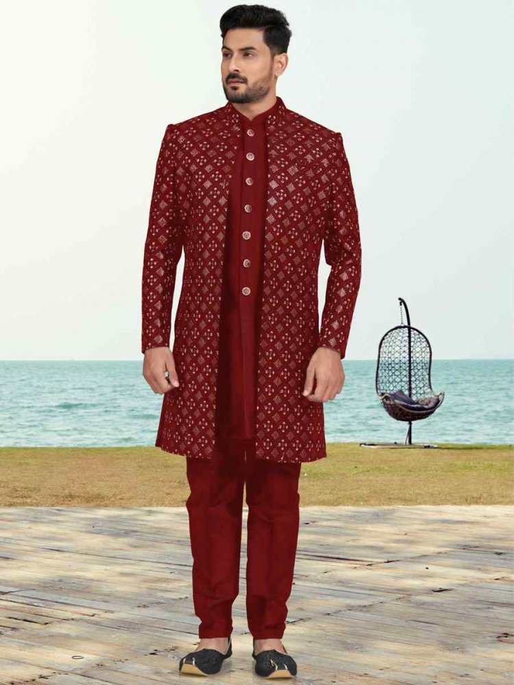 Maroon Banarasi Silk Embroidered Wedding Festival Sherwani