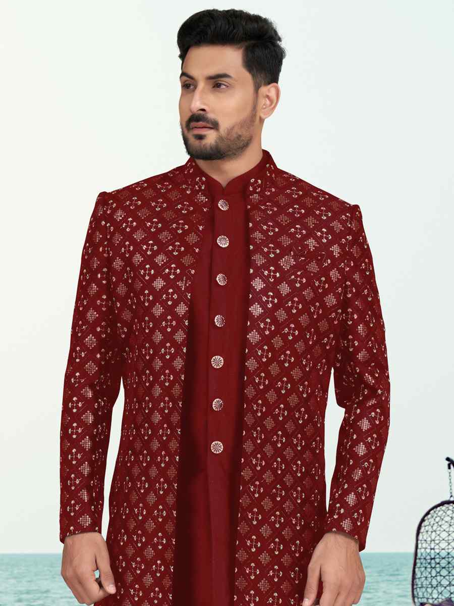 Maroon Banarasi Silk Embroidered Wedding Festival Sherwani