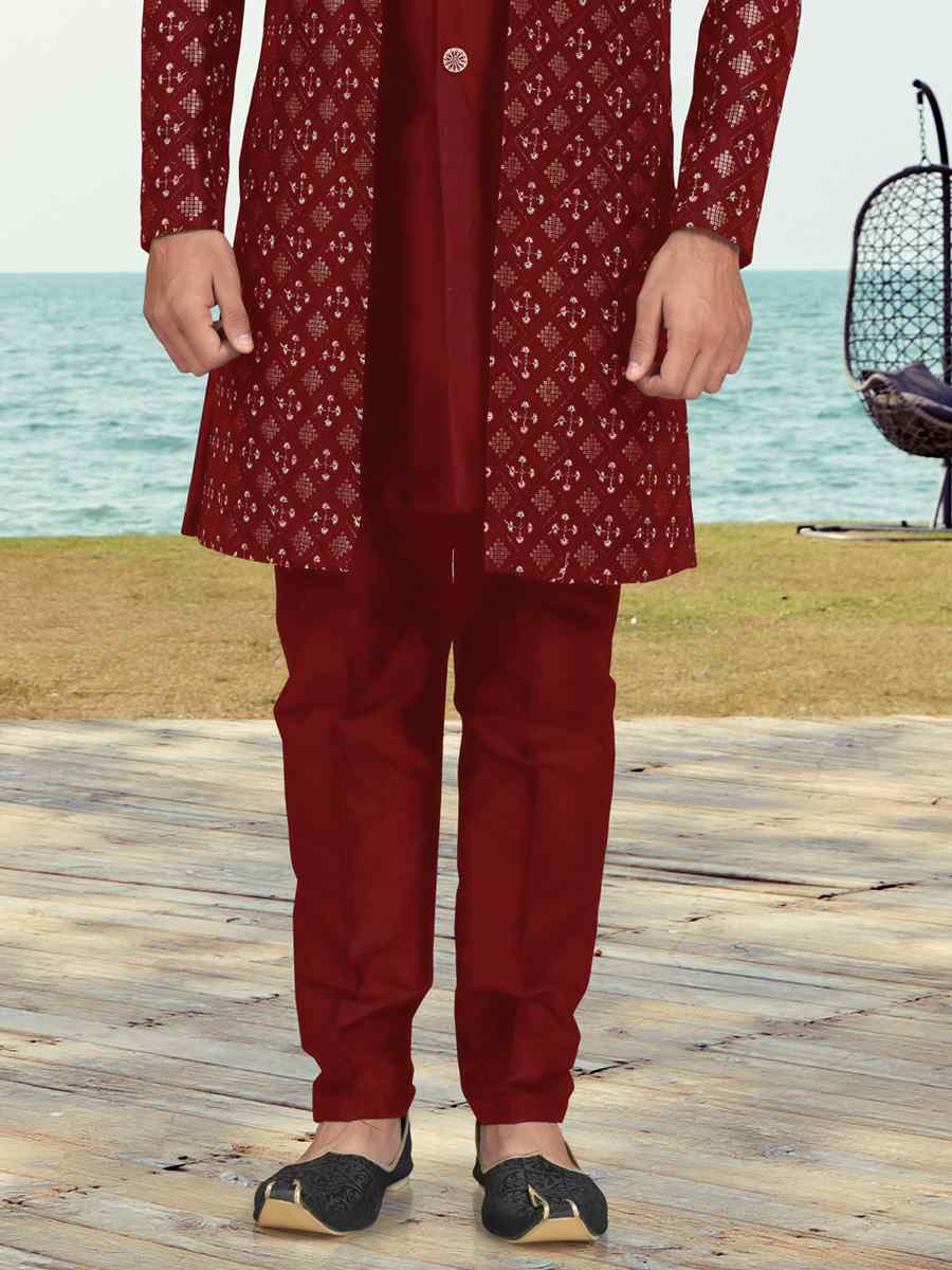 Maroon Banarasi Silk Embroidered Wedding Festival Sherwani