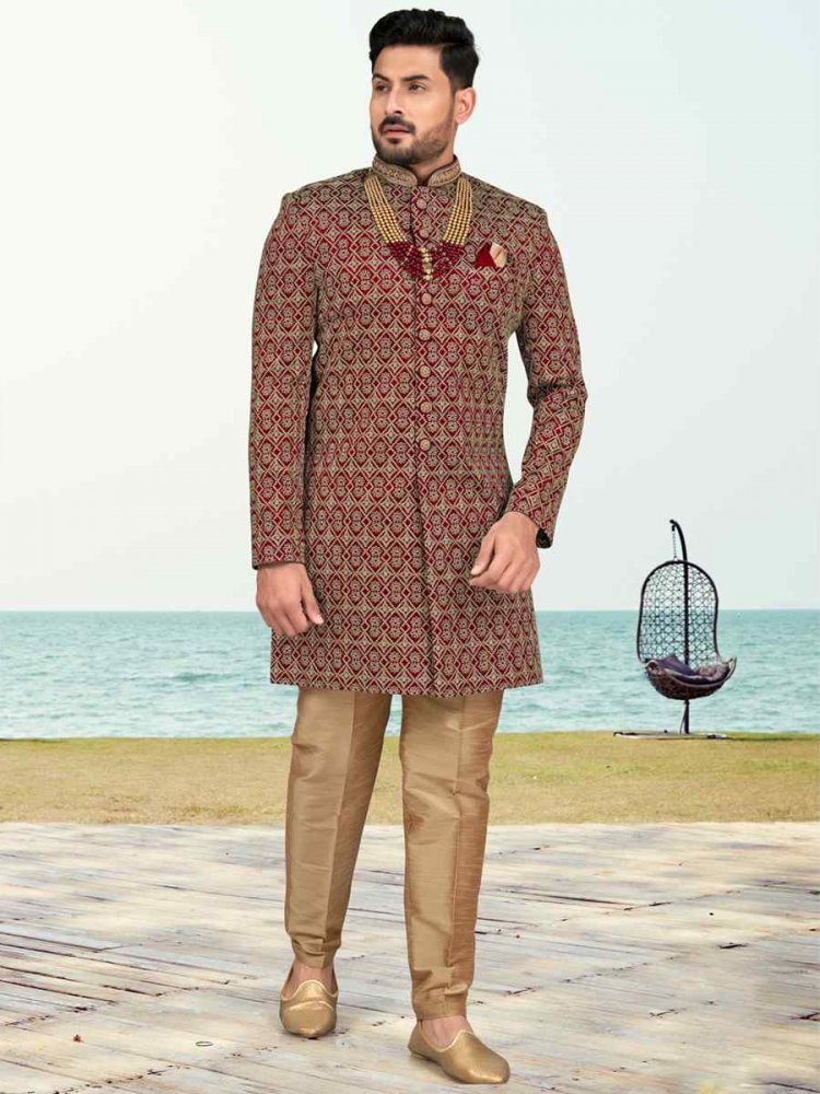 Maroon Banarasi Silk Embroidered Wedding Festival Sherwani