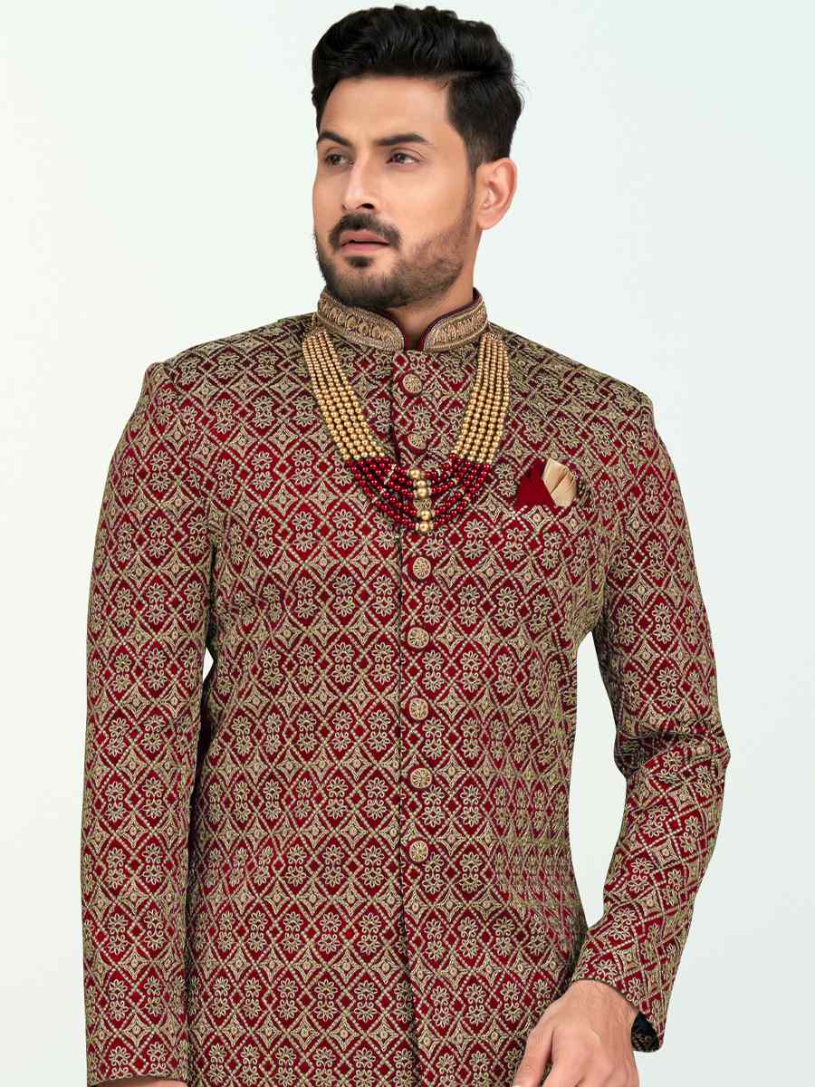 Maroon Banarasi Silk Embroidered Wedding Festival Sherwani