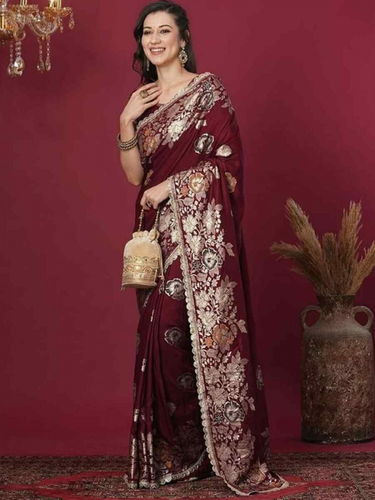 Image of Maroon Banarasi Silk Handwoven Casual Reception Festival Wedding Fancy Heavy Border Sarees