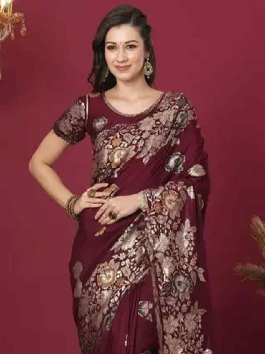 Maroon Banarasi Silk Handwoven Casual Reception Festival Wedding Fancy Heavy Border Sarees