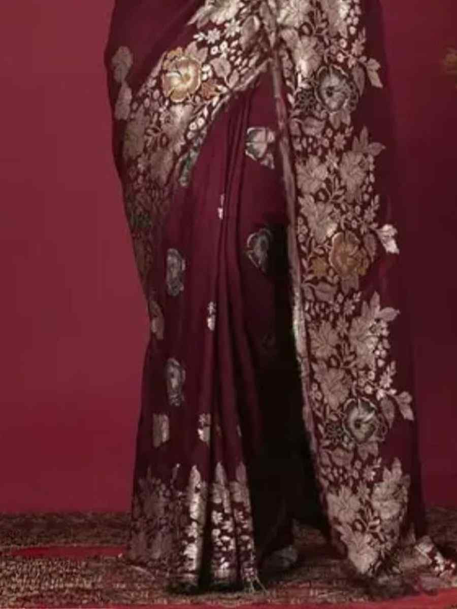 Maroon Banarasi Silk Handwoven Casual Reception Festival Wedding Fancy Heavy Border Sarees