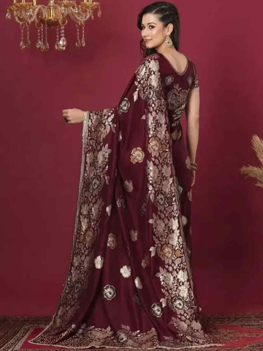 Maroon Banarasi Silk Handwoven Casual Reception Festival Wedding Fancy Heavy Border Sarees