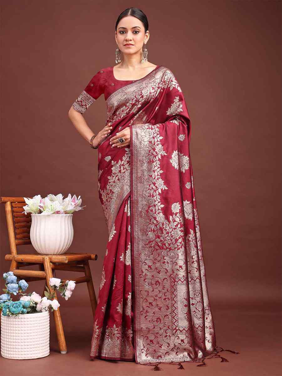 Maroon Banarasi Silk Handwoven Festival Wedding Fancy Heavy Border Saree