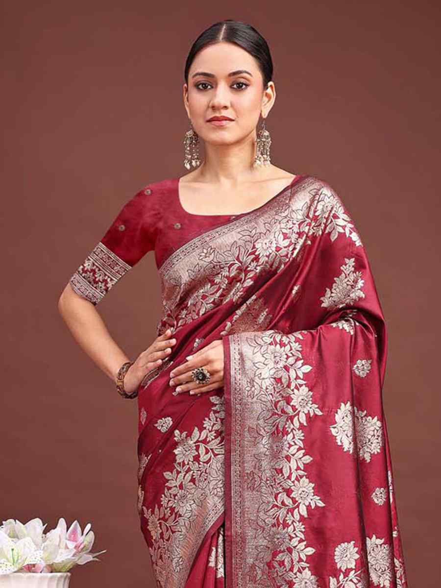 Maroon Banarasi Silk Handwoven Festival Wedding Fancy Heavy Border Saree
