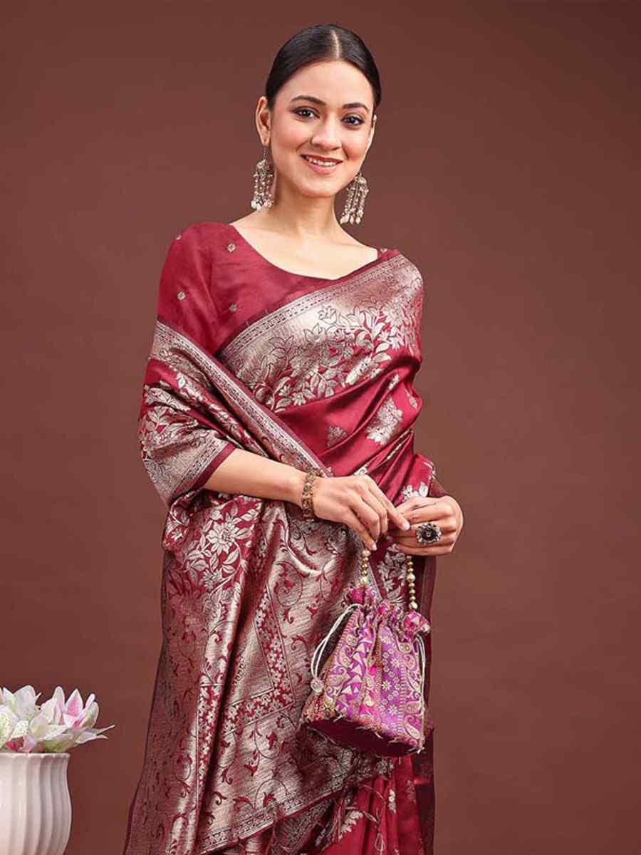Maroon Banarasi Silk Handwoven Festival Wedding Fancy Heavy Border Saree