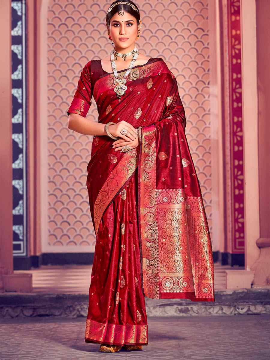 Maroon Banarasi Silk Handwoven Wedding Festival Heavy Border Saree