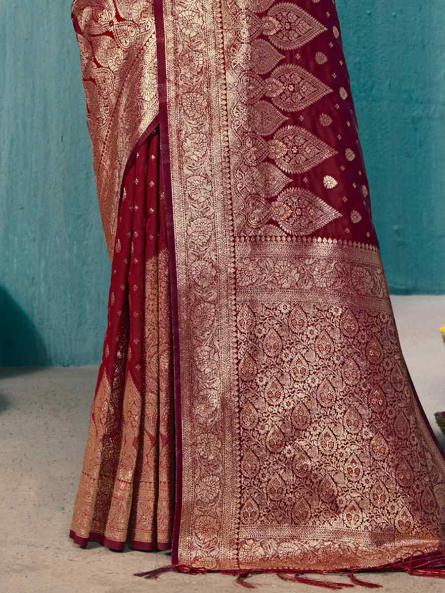 Maroon Banarasi Silk Handwoven Wedding Festival Heavy Border Saree