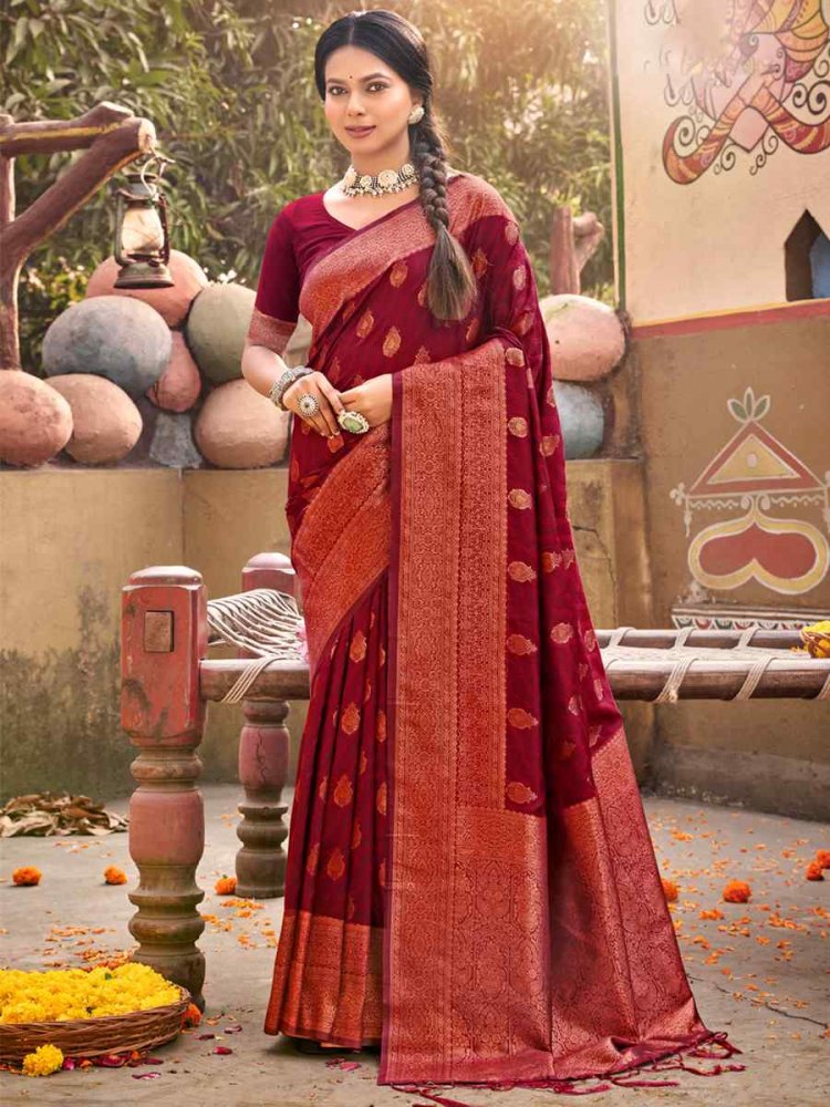 Maroon Banarasi Silk Handwoven Wedding Festival Heavy Border Saree