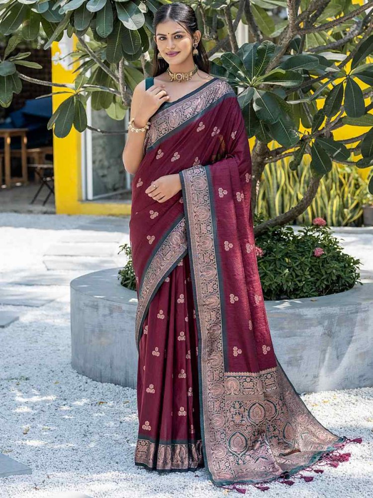 Maroon Banarasi Silk Handwoven Wedding Festival Heavy Border Saree