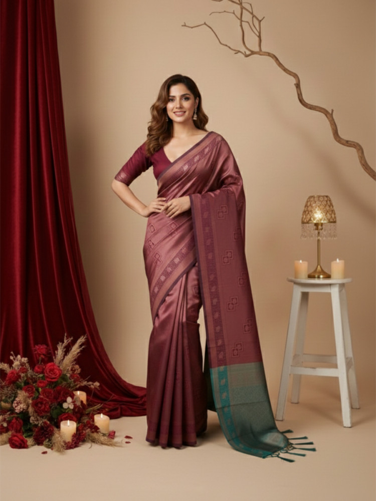 Image of Maroon Banarasi Silk Jacquard Wedding Reception Party Festival Casual Heavy Border Sarees
