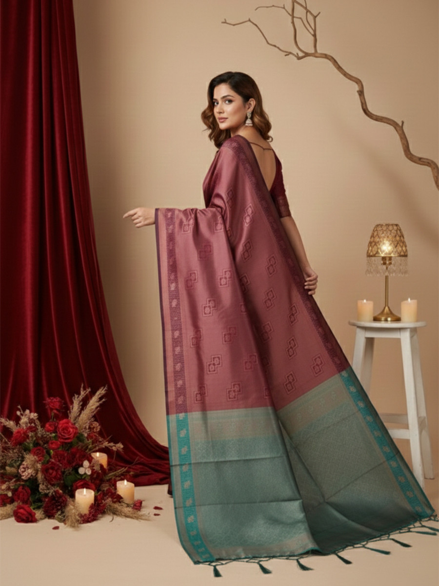 Maroon Banarasi Silk Jacquard Wedding Reception Party Festival Casual Heavy Border Sarees