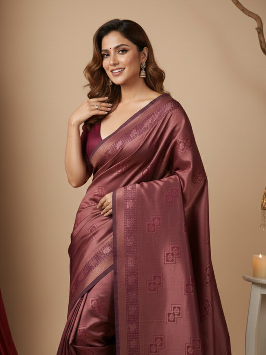 Maroon Banarasi Silk Jacquard Wedding Reception Party Festival Casual Heavy Border Sarees