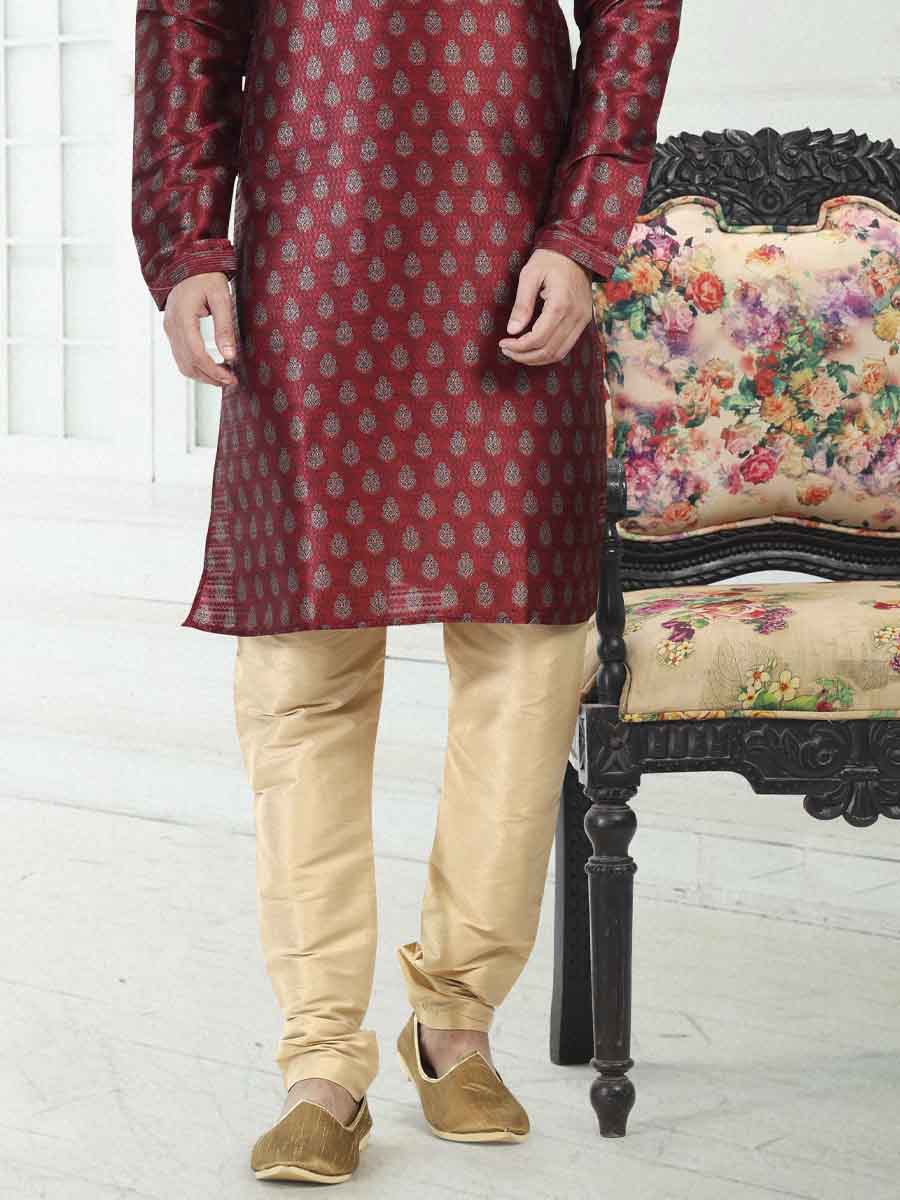 Maroon Banarasi Silk Printed Festival Wedding Kurta