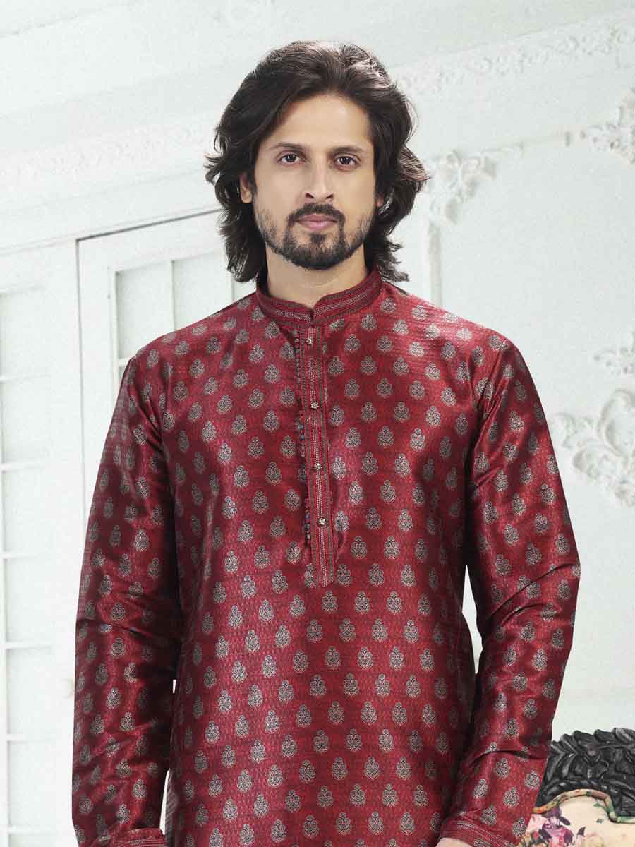 Maroon Banarasi Silk Printed Festival Wedding Kurta