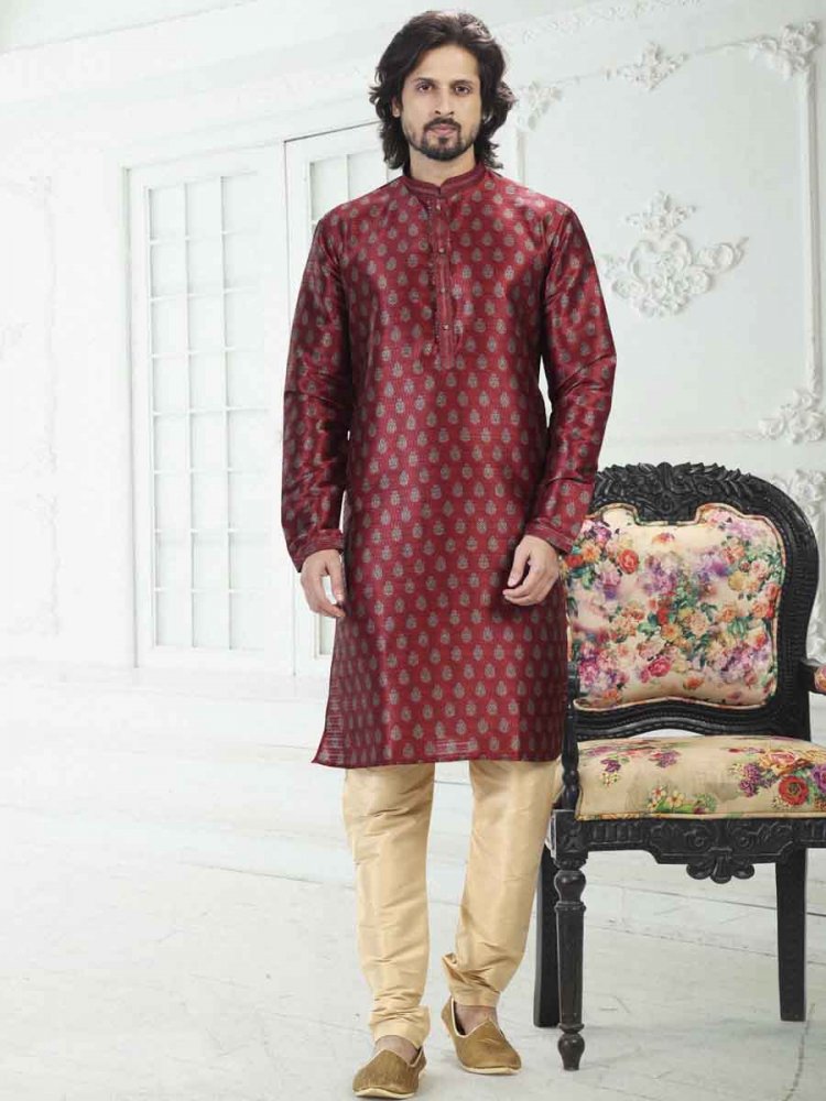 Maroon Banarasi Silk Printed Festival Wedding Kurta